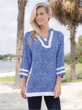 Tina Stephens Blue White Beach Pattern 3/4 Sleeve Tunic Top Shirt Sz Small